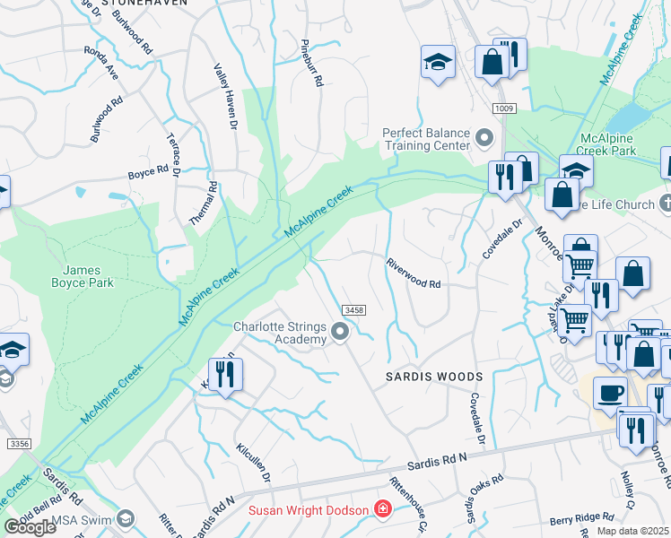 map of restaurants, bars, coffee shops, grocery stores, and more near 512 Riverwood Road in Charlotte