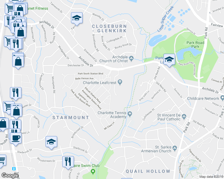 map of restaurants, bars, coffee shops, grocery stores, and more near 6521 Leafcrest Lane in Charlotte