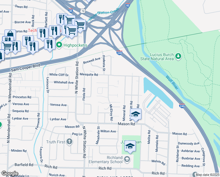 map of restaurants, bars, coffee shops, grocery stores, and more near 510 McElroy Road in Memphis