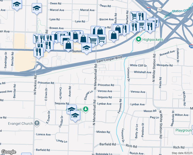 map of restaurants, bars, coffee shops, grocery stores, and more near 512 North Mendenhall Road in Memphis