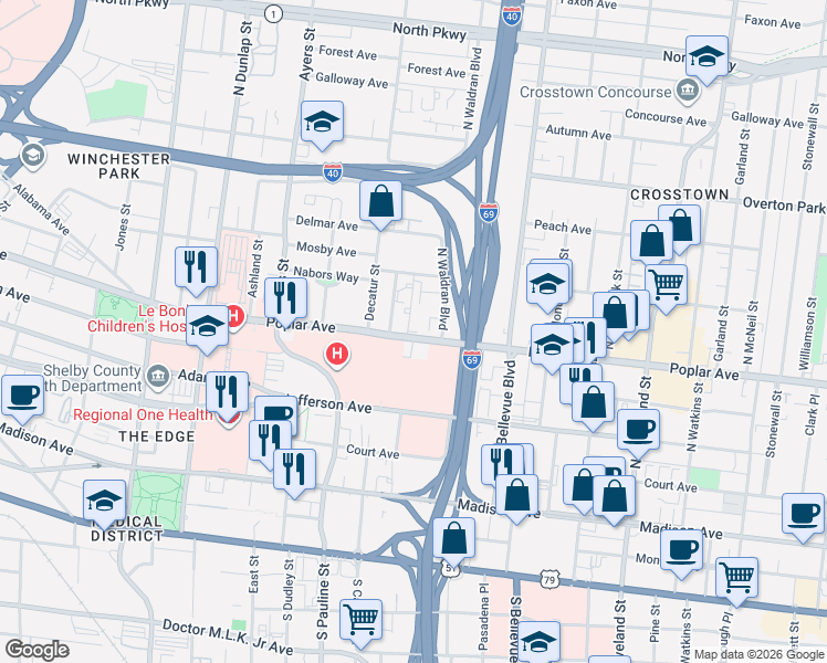 map of restaurants, bars, coffee shops, grocery stores, and more near 1094 Poplar Avenue in Memphis