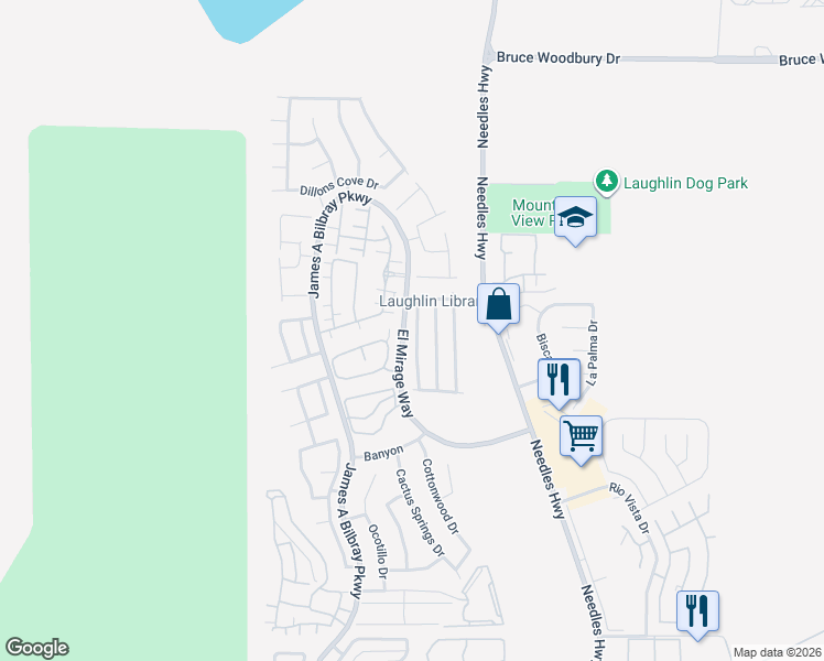 map of restaurants, bars, coffee shops, grocery stores, and more near 2865 Rippling Springs Street in Laughlin