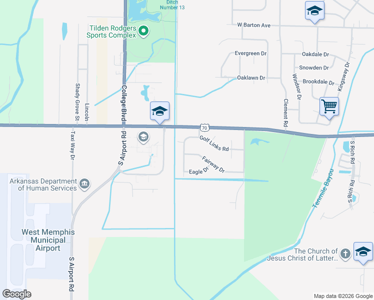 map of restaurants, bars, coffee shops, grocery stores, and more near 202 Tournament Road in West Memphis
