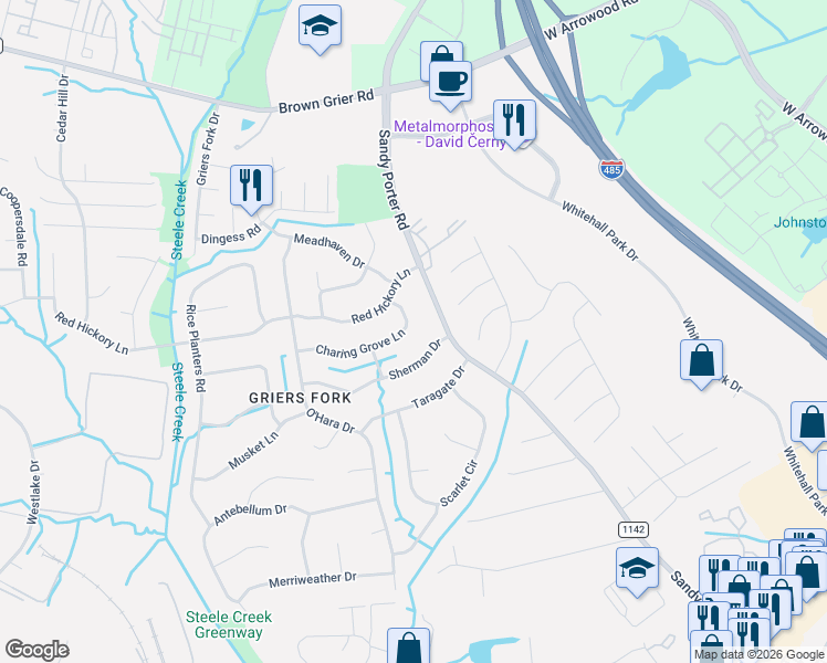 map of restaurants, bars, coffee shops, grocery stores, and more near 12306 Charing Grove Lane in Charlotte