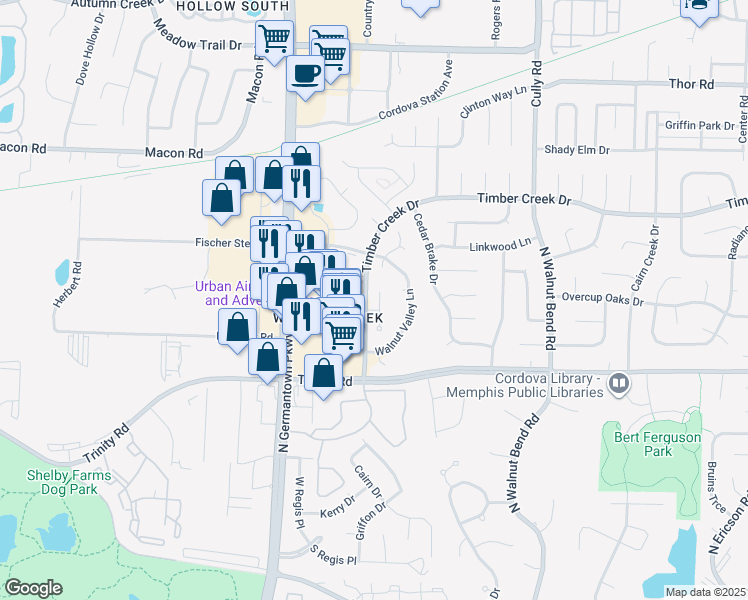 map of restaurants, bars, coffee shops, grocery stores, and more near 727 Walnut Woods Cove South in Memphis