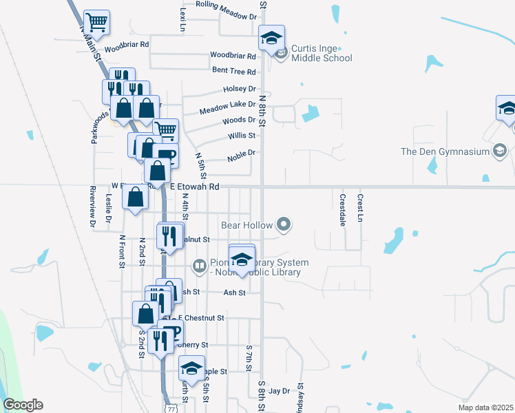 map of restaurants, bars, coffee shops, grocery stores, and more near 502 North 8th Street in Noble