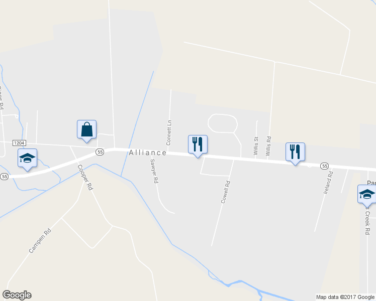 map of restaurants, bars, coffee shops, grocery stores, and more near 13387 Highway 55 in Bayboro