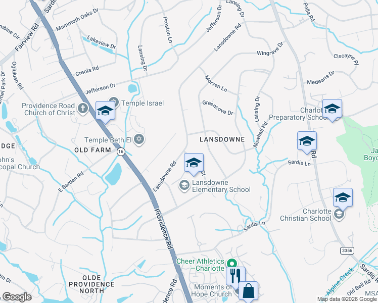 map of restaurants, bars, coffee shops, grocery stores, and more near 827 Lansdowne Road in Charlotte
