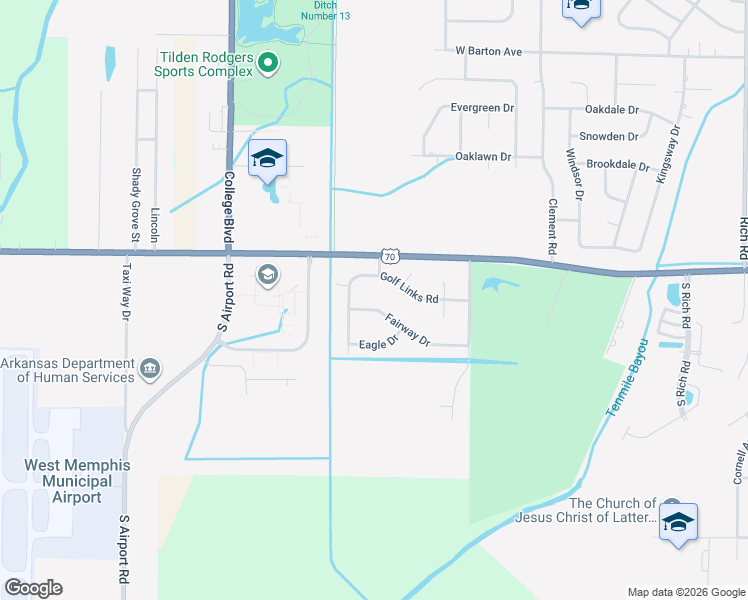 map of restaurants, bars, coffee shops, grocery stores, and more near 202 Tournament Road in West Memphis