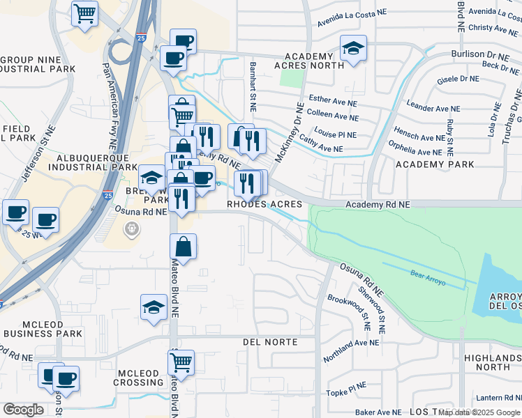 map of restaurants, bars, coffee shops, grocery stores, and more near 6023 Osuna Road Northeast in Albuquerque