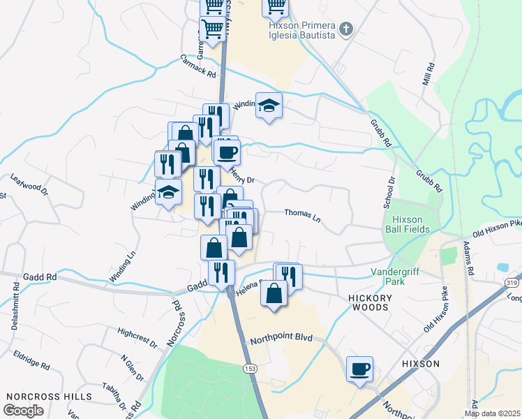 map of restaurants, bars, coffee shops, grocery stores, and more near 1107 Northern Hills Road in Chattanooga