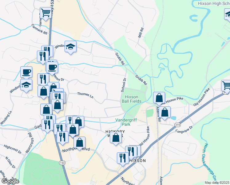 map of restaurants, bars, coffee shops, grocery stores, and more near 5401 School Drive in Chattanooga