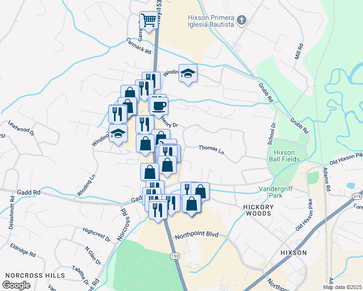 map of restaurants, bars, coffee shops, grocery stores, and more near 1107 Northern Hills Road in Chattanooga