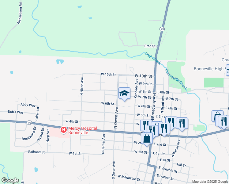 map of restaurants, bars, coffee shops, grocery stores, and more near 751 North Owen Avenue in Booneville