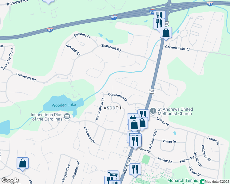 map of restaurants, bars, coffee shops, grocery stores, and more near 501 Coronation Drive in Fayetteville