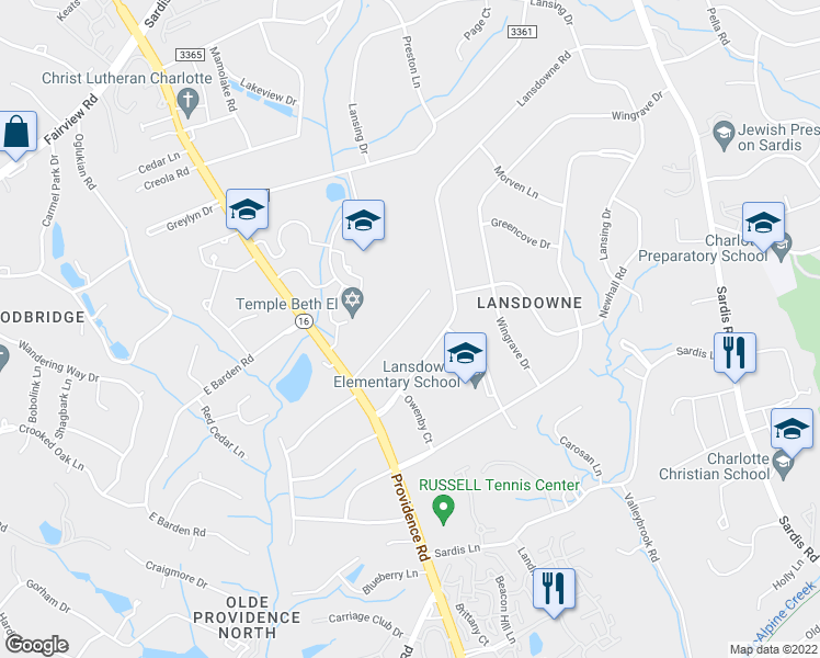 map of restaurants, bars, coffee shops, grocery stores, and more near 1439 Pine Tree Drive in Charlotte