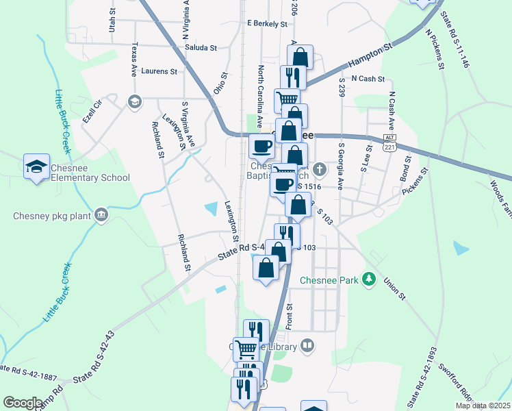 map of restaurants, bars, coffee shops, grocery stores, and more near 308 S Florida Ave in Chesnee