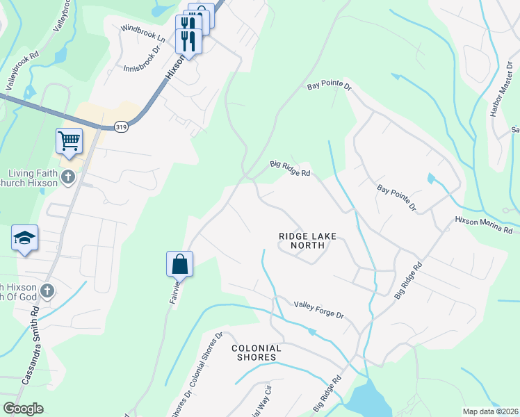 map of restaurants, bars, coffee shops, grocery stores, and more near 6439 Ridge Lake Road in Chattanooga