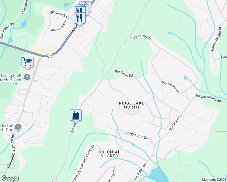 map of restaurants, bars, coffee shops, grocery stores, and more near 6439 Ridge Lake Road in Chattanooga
