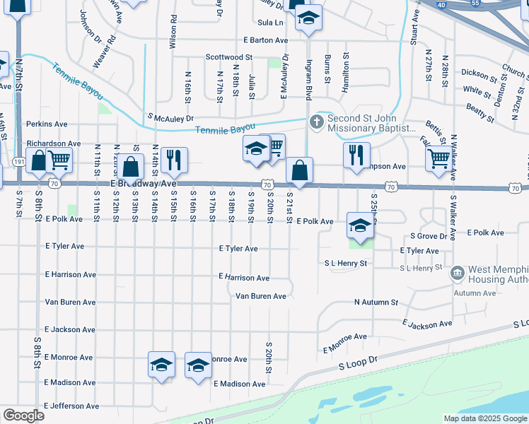 map of restaurants, bars, coffee shops, grocery stores, and more near 127 South 20th Street in West Memphis