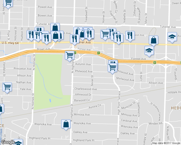 map of restaurants, bars, coffee shops, grocery stores, and more near 3593 Philwood Avenue in Memphis