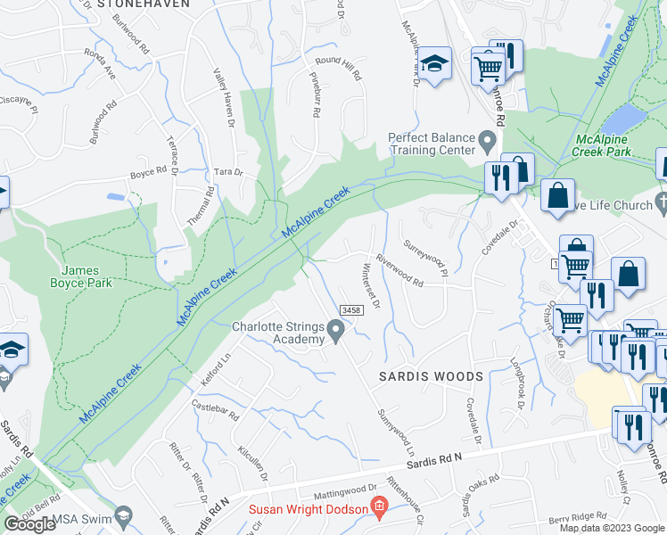 map of restaurants, bars, coffee shops, grocery stores, and more near 512 Riverwood Road in Charlotte