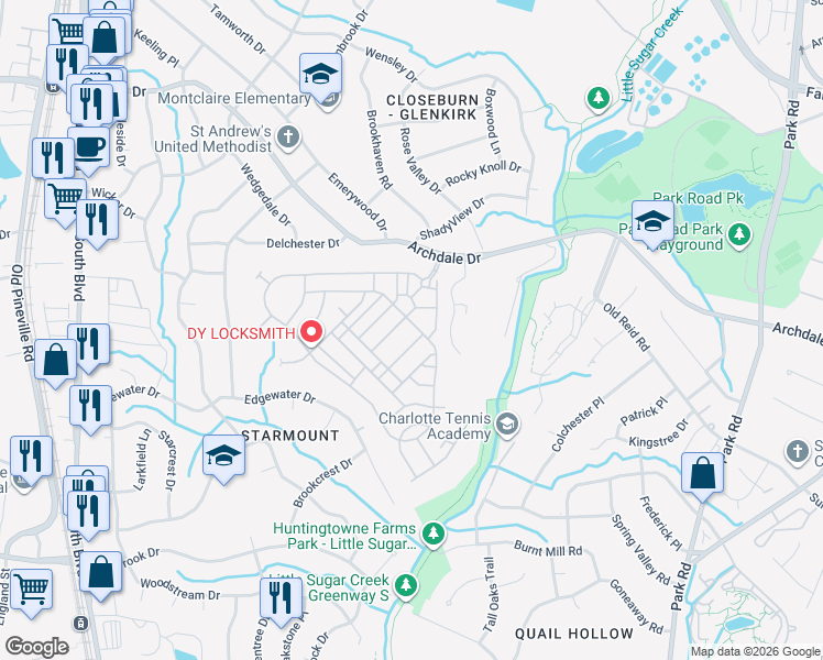 map of restaurants, bars, coffee shops, grocery stores, and more near 4367 Park South Station Boulevard in Charlotte