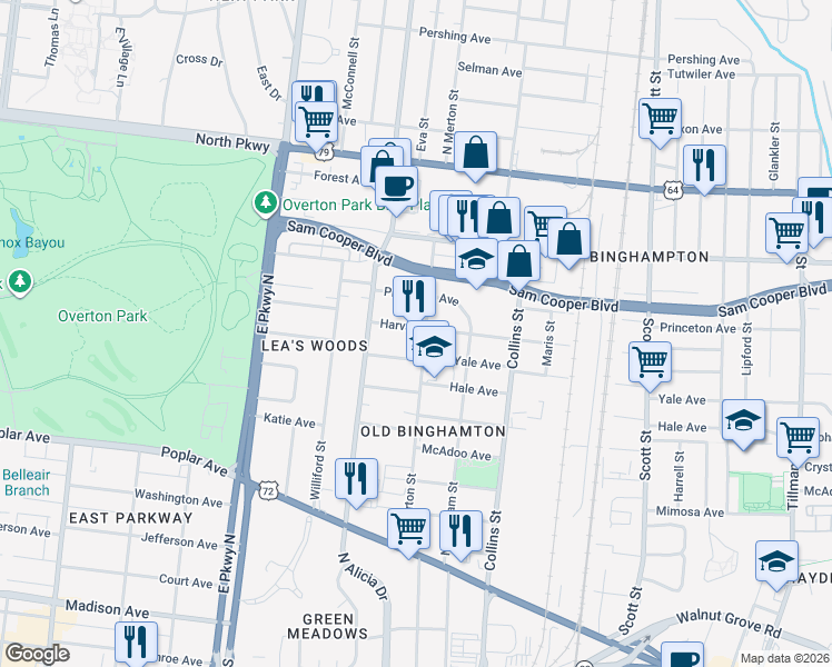 map of restaurants, bars, coffee shops, grocery stores, and more near 2509 Harvard Avenue in Memphis