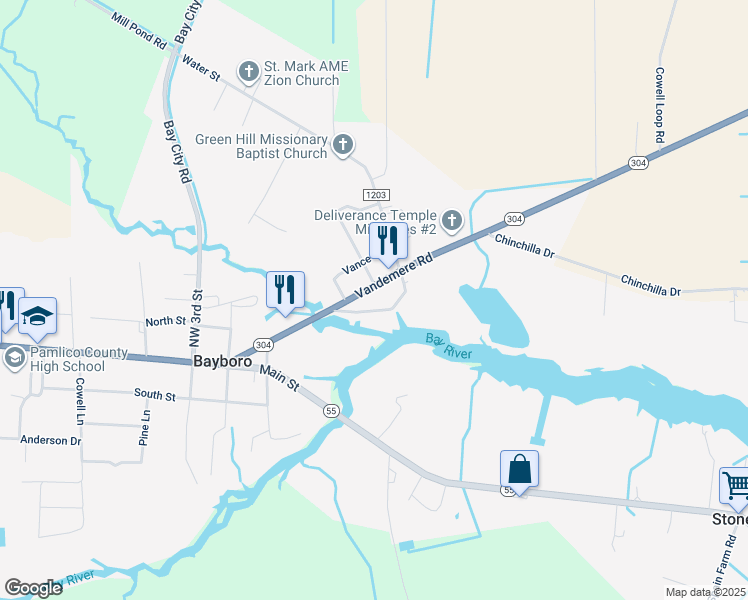 map of restaurants, bars, coffee shops, grocery stores, and more near 407 Vandemere Road in Bayboro