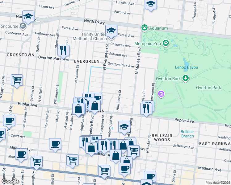 map of restaurants, bars, coffee shops, grocery stores, and more near 1756 Lawrence Avenue in Memphis