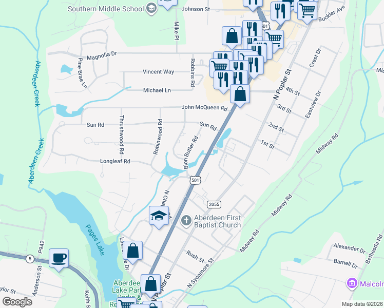 map of restaurants, bars, coffee shops, grocery stores, and more near 1000 Bion Butler Road in Aberdeen