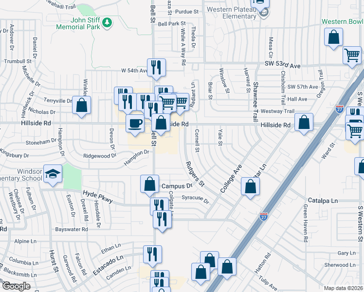 map of restaurants, bars, coffee shops, grocery stores, and more near 6100 Rutgers Street in Amarillo
