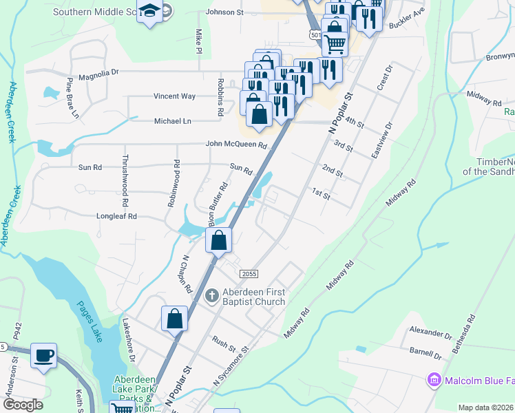 map of restaurants, bars, coffee shops, grocery stores, and more near 211 Bonnie Brook Road in Aberdeen