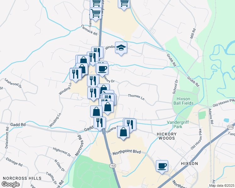 map of restaurants, bars, coffee shops, grocery stores, and more near 1107 Northern Hills Road in Chattanooga