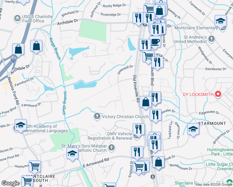 map of restaurants, bars, coffee shops, grocery stores, and more near 735 Greenhill Drive in Charlotte
