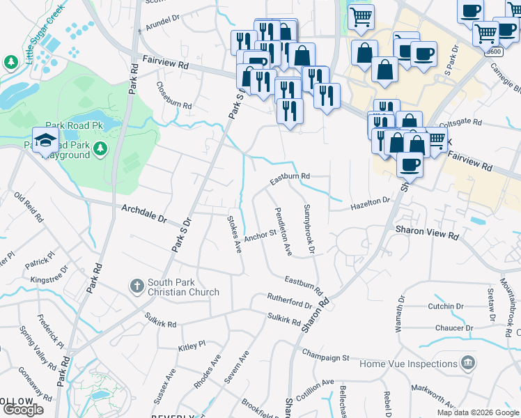 map of restaurants, bars, coffee shops, grocery stores, and more near 3101 Eastburn Road in Charlotte