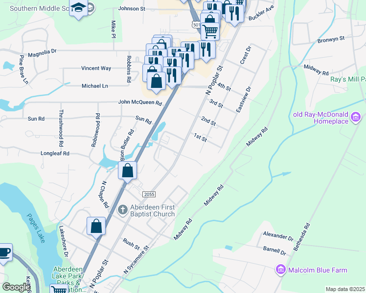 map of restaurants, bars, coffee shops, grocery stores, and more near North Poplar Street in Aberdeen