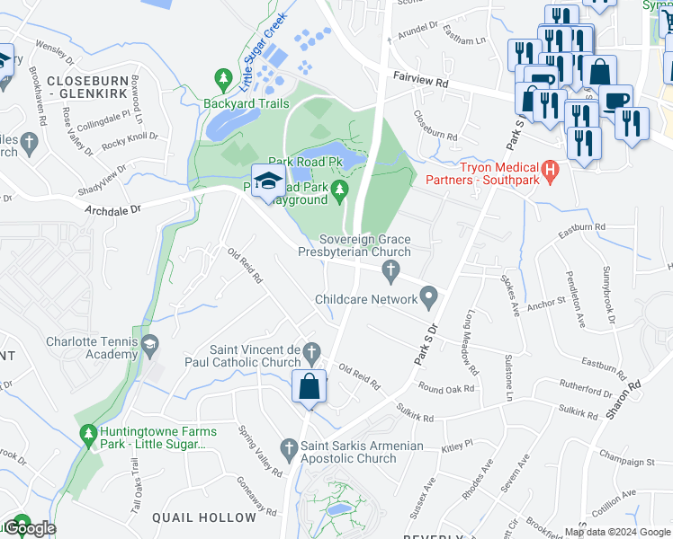 map of restaurants, bars, coffee shops, grocery stores, and more near 3208 Archdale Drive in Charlotte