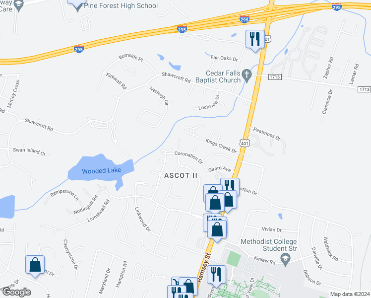 map of restaurants, bars, coffee shops, grocery stores, and more near 503 Coronation Drive in Fayetteville