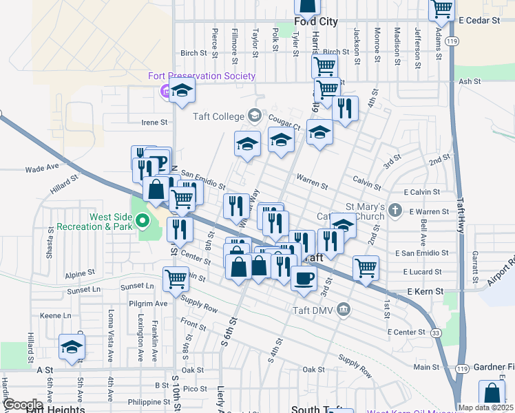 map of restaurants, bars, coffee shops, grocery stores, and more near 625 San Emidio Street in Taft