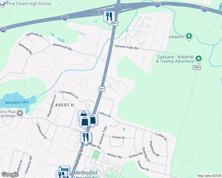 map of restaurants, bars, coffee shops, grocery stores, and more near 100 Weatherstone Drive in Fayetteville