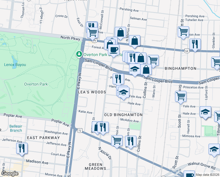 map of restaurants, bars, coffee shops, grocery stores, and more near 2469 Harvard Avenue in Memphis