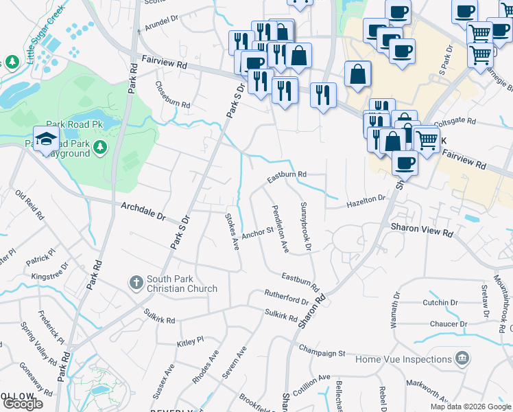 map of restaurants, bars, coffee shops, grocery stores, and more near 3101 Eastburn Road in Charlotte