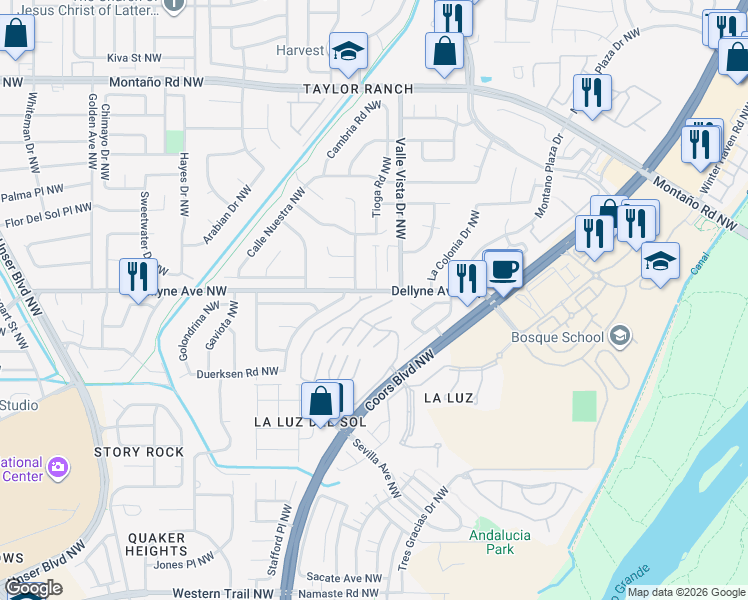 map of restaurants, bars, coffee shops, grocery stores, and more near 52 Mill Road Northwest in Albuquerque