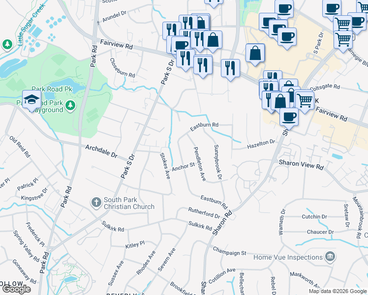 map of restaurants, bars, coffee shops, grocery stores, and more near 3101 Eastburn Road in Charlotte