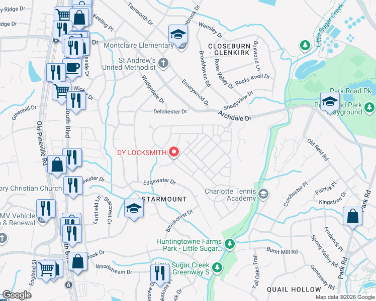 map of restaurants, bars, coffee shops, grocery stores, and more near 6252 Rockefeller Lane in Charlotte