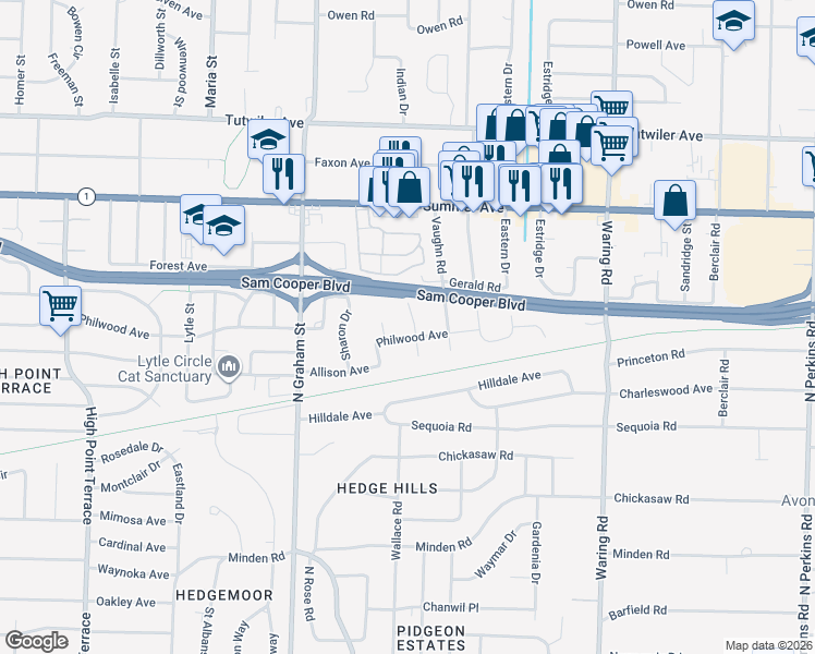 map of restaurants, bars, coffee shops, grocery stores, and more near 4126 Philwood Avenue in Memphis