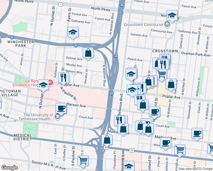map of restaurants, bars, coffee shops, grocery stores, and more near 1116 Poplar Avenue in Memphis