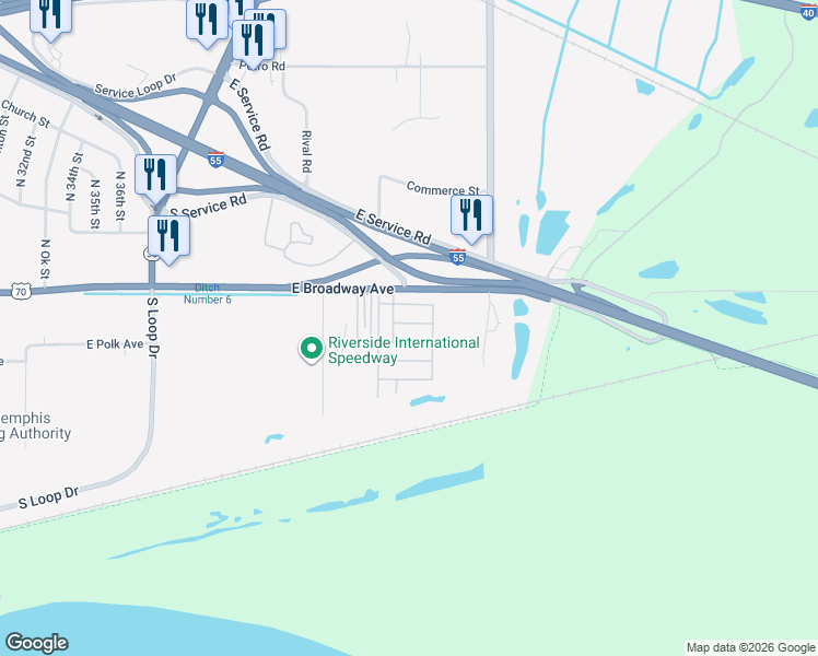 map of restaurants, bars, coffee shops, grocery stores, and more near 4239 Bobby Drive in West Memphis