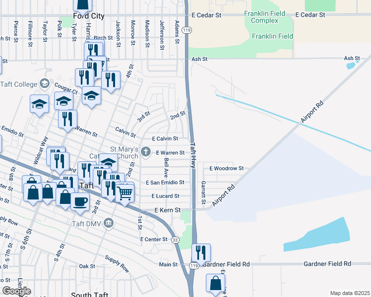 map of restaurants, bars, coffee shops, grocery stores, and more near 214 East Warren Street in Taft